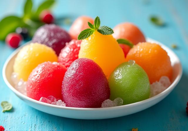 夏の果物を使ったソルベの盛り合わせ